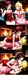 2girls ai_generated blonde_hair blue_eyes breast_grab breast_to_breast brown_hair cigarette cigarette_holder cigarette_in_mouth cigarette_smoke cleavage clothed comic crown dizbabes dress earrings elbow_gloves eyeshadow female female_only fireplace groping groping_breasts hat kissing lipstick long_hair lying lying_on_person makeup mario_(series) minidress multiple_images nintendo on_back pauline pauline_(mario) pink_dress playing_with_hair princess_peach puffy_sleeves red_dress red_hat short_sleeves sleeveless smile smoking stable_diffusion super_mario_odyssey surprised video_game_character video_games white_gloves yuri