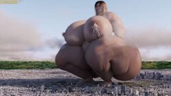 ania_(dinnerkun) ania_szewczyk ass_bigger_than_head breasts_bigger_than_head city cityscape dinner-kun giantess giga_giantess gigantic_ass gigantic_breasts glance hourglass_figure lactating lactation looking_down meat_wall_(body_type) nude nude_female nudity squatting