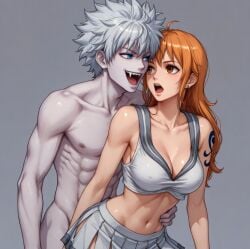 1boy 1boy1girl aged_up ai_generated alternative_universe blue_eyes cheerleader cheerleader_uniform crossover crossover_pairing crossover_shipping fangs female hunter_x_hunter interspecies killua_zoldyck male male/female naked_male_with_clothed_female nami nami_(one_piece) one_piece orange_hair pale-skinned_male straight tattoo teenager vampire vampire_teeth voluptuous white_hair