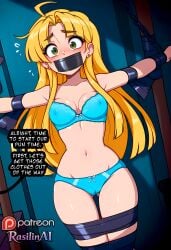 1girls ai_generated asia_argento blonde_hair blush bondage bound bound_ankles bound_arms bound_legs bound_wrists bra cameltoe captured captured_female chains earrings english english_text female forced gag gagged green_eyes high_school_dxd imminent_rape indoors long_hair navel panties rape rasilinai restrained stable_diffusion straight_hair tagme tape tape_gag text underwear wide_eyed