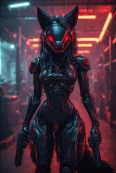 ai_generated animal_genitalia anthro armor armored_female black_body black_fur breasts canine claws dominate female female_only fur furry genitals hi_res humanoid inviting looking_at_viewer nude nude_female pistol protogen pussy red_eyes robot solo spread_legs tail tsundere weapon