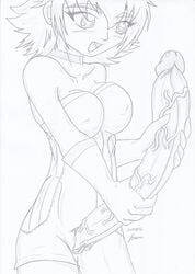 2011 arm_gloves bakugan_battle_brawlers blush breasts choker dated futa_only futa_sans_balls futanari gloves intersex large_breasts mira_clay monochrome short_hair simple_background solo standing white_background