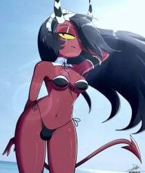1girls artist_name artist_request bikini black_hair blue_sky bulge demon demon_girl demon_horns demon_tail female helluva_boss horns red_body red_skin sallie_may_(helluva_boss) sea sexy signature sky source_request tagme tagme_(artist) tail the-butch-x trans_woman transgender water yellow_sclera