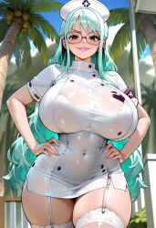 ai_generated alpha_(one_piece) big_breasts black_eyes evil_grin evil_smile female female_only glasses huge_breasts looking_at_viewer nurse nurse_cap nurse_uniform nylon_stockings nylons one_piece outdoors palm_tree siluleus smile teal_hair thick_thighs
