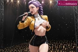 ai_assisted ai_generated black_shorts blush braid braided_ponytail breasts brown_eyes clothes_lift concert crop_top cropped_jacket crowd earrings female female_only hair_pulled_back holding holding_microphone idol jacket jewelry kpop_demon_hunters large_breasts long_hair long_sleeves microphone midriff music navel necklace netflix no_bra open_clothes open_jacket open_mouth purple_hair rumi rumi_(kpop_demon_hunters) shirt short_shorts shorts singing solo spotlight stage stage_lights standing stelmazura sweat teeth tongue turtleneck underboob upper_teeth_only white_shirt yellow_jacket