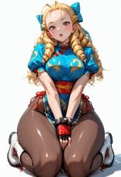 ai_generated antenna_hair between_legs black_gloves blonde_hair blue_bow blue_dress blush boots bow bracelet breasts brown_eyes brown_pantyhose china_dress chinese_clothes dress drill_hair female fingerless_gloves forehead full_body gloves hair_pulled_back hairbow hand_between_legs jewelry kneeling large_breasts long_hair looking_at_viewer open_mouth pantyhose pelvic_curtain puffy_short_sleeves puffy_sleeves ringlets sash shadow short_sleeves side_slit simple_background sitting solo spiked_bracelet spikes teeth thick_thighs thighs v_arms wariza white_background white_footwear wide_hips