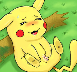 black_nose blush closed_eyes color female female_only fingering fur furry furry_ears furry_tail grass masturbation nintendo nude on_back open_mouth outdoors pikachu pokemon pussy saliva shadowlink350 solo sweat tail tongue