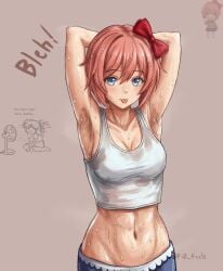 1girls abdomen armpit armpit_fetish armpit_sweat armpits armpits_fetish arms_up belly belly_button blue_eyes coral_pink_hair cute_face doki_doki_literature_club female female_only fill_feels flat_stomach light-skinned_female light_skin midriff natsuki_(doki_doki_literature_club) precious sayori_(doki_doki_literature_club) sweating sweaty sweaty_armpits sweaty_body tagme tank_top tongue_out