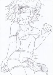 2011 arm_gloves bakugan_battle_brawlers blush breasts choker cum dated futa_only futa_sans_balls futanari gloves intersex large_breasts mira_clay moaja monochrome short_hair simple_background solo standing thighhighs white_background