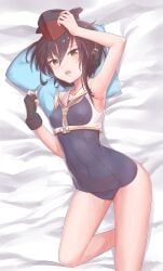 1girl 1girls alternate_version_at_source alternate_version_available arm_above_head arm_up armpit armpit_crease armpit_peek armpits bikini black-haired_female black_hair blue_bikini blue_one-piece_swimsuit blue_swimsuit blue_swimwear breasts brown-eyed_female brown_eyes cap dark_hair game_character hairless_armpits hand_above_head hand_up has_uncensored_version i-13_(kantai_collection) kantai_collection konnyaku_(kk-monmon) looking_up looking_up_at_viewer lying lying_down lying_on_bed lying_on_side more_at_source nsfw_version_available nude_version_available on_bed on_side one-piece_swimsuit open_mouth parted_lips petite petite_body petite_breasts petite_female petite_girl petite_tits posing posing_for_the_viewer shaved_armpits small_boobs small_breasts small_tits swimsuit swimwear tiny_breasts tiny_tits tongue uncensored_version_at_source upper_teeth video_game video_game_character video_games