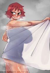 1girls auburn_hair blush brown_eyes female freckles freckles_on_arms freckles_on_ass freckles_on_back freckles_on_chest freckles_on_neck freckles_on_shoulders freckles_on_thighs hand_up hermitlustful holding_object kim_pine nude nude_female red_hair scott_pilgrim short_hair solo solo_female towel towel_only wet wet_body wet_hair