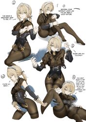 1girls 1other 463_jun big_breasts blonde_hair bodysuit breast_grab breasts closed_mouth clothing english_text feet_out_of_frame female girls'_frontline girls'_frontline_2:_exilium grabbing grabbing_from_behind green_eyes groin groping groping_breasts groping_crotch groping_from_behind groping_under_clothes hair_ribbon hand_under_clothes large_breasts leg_grab legs_apart legs_spread long_hair looking_at_viewer maid_headdress multiple_angles sextans_(girls'_frontline_2) sitting spread_legs steam steaming_body text tight_clothing translated underboob vest
