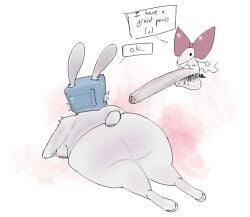 2girls anthro ass ass_bigger_than_head big_ass bodilymew boots bow bubble_butt chubby chubby_female dialogue dialogue_box furry furry_female futanari hairy_balls laying_down melanie_(regretevator) mouse_girl mouse_tail mozelle_(regretevator) nude rabbit_girl regretevator roblox roblox_game small_breasts tail tv tv_head