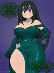 1girls bedroom_eyes big_breasts black_eyes curvy_female curvy_figure dress english_text green_hair hand_on_hip long_gloves long_hair makeup my_hero_academia narrow_waist pearl_necklace sensual_expression simple_background snakebd thick_legs thick_thighs tsuyu_asui voluptuous voluptuous_female wide_hips