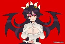 2d animated black_hair bouncing_breasts breasts button_down_shirt buttons emmanomia female female_only filia_(skullgirls) long_hair looking_at_viewer loop navel nipples open_clothes open_shirt opening_shirt parowy red_eyes samson_(skullgirls) seductive seductive_look sharp_teeth skullgirls tagme tight_clothing