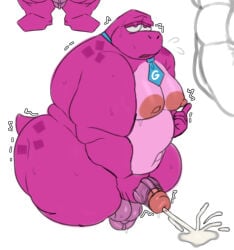 2026 accessory anthro balls belly big_belly big_moobs bodily_fluids cum dinosaur gameoverse genital_fluids genitals glitch_productions gobbles_(gameoverse) hi_res male male_focus male_only masturbation moobs necktie nipples overweight overweight_male penis pink_body prehistoric_species reptile scalie solo tute_bear