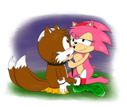 amy_rose brown_fur closed_mouth color female fox fur furry_tail hedgehog interspecies kneeling male multiple_tails nude open_mouth pink_fur shadowlink350 sitting smile sonic_(series) sonic_cd tail tails