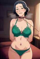 ai_generated avatar_the_last_airbender belly_piercing biting_lip conjugal_slavery drooling leash leash_and_collar leashed_collar lin_bei_fong lingerie medium_breasts milf mommy petplay slave steamy_breath submissive_female the_legend_of_korra