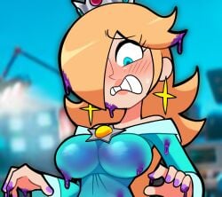 1girls 2d 2d_(artwork) 5_fingers absurd_res accessory aqua_dress aqua_eyes athletic athletic_female bare_shoulders bare_skin big_breasts blonde blonde_female blonde_hair blue_dress blue_eyes blurry_background blush blush_lines blushing breast_focus breasts busty busty_female clenched_teeth clothed clothed_female clothes clothing crown digital_drawing_(artwork) digital_media_(artwork) dress earrings exposed_shoulders eyebrows eyelashes facing_viewer female female_only fit fit_female flushed front_view glistening glistening_clothing glistening_hair gold_earrings gold_jewelry hair_over_one_eye headgear headwear hips huge_breasts human human_only jewelry light-skinned_female light_skin lips lipstick long-haired_female long_hair long_hair_female looking_down makeup mario_(series) mascara one_eye_obstructed pale-skinned_female pale_skin pink_lips pink_lipstick platinum_blonde_hair princess_rosalina scott_falco scottfalco_(artist) shiny_clothes shiny_hair skin_tight skintight skintight_clothing slim_waist slime slime_(substance) slime_on_body slime_on_breasts slime_on_face solo solo_female standing super_mario_galaxy super_mario_galaxy_(2026_film) sweat sweatdrop teeth teeth_clenched teeth_showing thin_waist tight_clothing tight_dress tight_fit upper_body voluptuous voluptuous_female wet wet_clothing wide_hips
