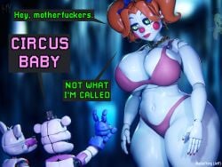 3d animatronic animatronic_female bear_ears bikini bonbon_(fnaf) circus_baby_(fnaf) circus_mommy clown clown_girl dialogue female female_only five_nights_at_freddy's five_nights_at_freddy's:_sister_location fox_ears funtime_foxy_(fnaf) funtime_freddy_(fnafsl) green_eyes headgear large_breasts looking_at_another masteryorg0 meme navel necklace orange_hair ponytail puppet_bonnie_(fnafsl) ribbon semi_nude snout speech speech_bubble tagme taller_female text thick_thighs top_hat white_body wide_hips