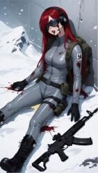 1girls ai_art ai_generated assault_rifle blood blood_in_mouth corpse death defeated_villainess dying female_combatant female_villain freckles freckles_on_face ginger ginger_female ginger_hair grok grok_imagine gunshot_wound headphones headset humiliated incontinence nazi nazi_uniform peeing peeing_self pissing_self racist racist_woman red-haired_female red_hair redhead redhead_female redheaded_female rifle snuff sunglasses sunglasses_on_head third-party_edit third_party_edit urine villainess wetting wetting_self zako