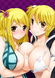 2girls areola_slip areolae asymmetrical_docking blonde_hair blush bra breast_press breasts brown_eyes cum cum_on_body cum_on_breasts cum_on_upper_body dual_persona erect_nipples fairy_tail female huge_breasts lactation large_breasts long_hair lucy_ashley lucy_heartfilia multiple_girls nipples rudo short_hair side_ponytail smile tattoo underwear yuri