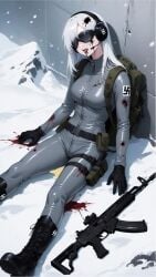 1girls ai_art ai_generated assault_rifle blood blood_in_mouth corpse death defeated_villainess dying female_combatant female_villain gunshot_wound headphones headset humiliated incontinence nazi nazi_uniform pee peeing_self piss pissing_self racist racist_woman rifle snuff sunglasses sunglasses_on_head villainess wetting wetting_self zako