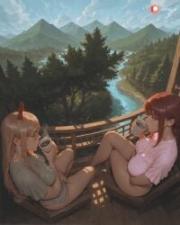 2girls ai_generated aisinful ass big_ass big_breasts big_butt blue_sky blush breasts brown_hair bush chainsaw_man cityscape closed_eyes cloud cloudy_sky coffee_mug cup day disposable_cup drinking female female_only grass hi_res holding_cup horns large_breasts long_hair makima_(chainsaw_man) medium_breasts mountain mountainous_horizon mug multiple_girls nature outdoors pink_shirt power_(chainsaw_man) scenery shirt sitting sky steam thick_thighs tree wide_hips
