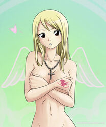 blonde_hair breasts brown_eyes covering_breasts cross fairy_tail female female_only front_view heart human long_hair lucy_heartfilia milady666 navel necklace nude pale_skin pointy_chin solo straight_hair tattoo wings