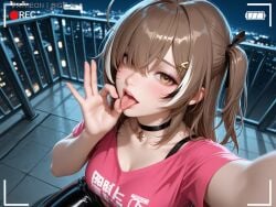 1girls absurd_res ai_generated artist_name bigz_ai brown_hair curvy curvy_figure fellatio_gesture female female_only highres hololive hololive_english kneeling large_breasts latex light-skinned_female light_skin long_hair nanashi_mumei night nude open_mouth owl_girl pants rooftop selfie solo solo_female streamer streaming teasing tongue tongue_out virtual_youtuber vtuber