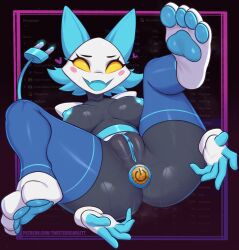 absurdres anal anal_object_insertion blue_hair blue_nipples blue_pussy blush_stickers breasts breasts_apart butt_plug cable cable_tail clitoral_hood clitoris colored_nipples colored_pussy completely_nude deltarune english_text fangs feet female full_body furry furry_female heart highres large_breasts looking_at_viewer mechanical_tail nipples nude object_insertion open_mouth pawpads plug_(sex_toy) pussy sex_toy short_hair skin_fangs smile soles solo sweat sweaty_breasts tail tasque_manager_(deltarune) twistedscarlett60 uncensored undertale_(series) utdr_(toby_fox) yellow_eyes