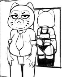 1boy 2026 4_fingers anthro ass belly big_ass big_belly big_butt big_eyes biped black_and_white bottomwear bra cartoon_network closed_frown clothed clothed_anthro clothed_male clothing crossdressing daniel_senicourt digital_drawing_(artwork) digital_media_(artwork) dilf domestic_cat eye_markings eyebrows facial_markings felid feline felis fingers frown fully_clothed fully_clothed_anthro fully_clothed_male garter_belt garter_straps hands_on_legs hands_on_own_legs hands_on_own_thighs hands_on_thighs head_markings hi_res humanoid_hands iris legs_together legwear lingerie male male_only mammal markings mature mature_anthro mature_male mature_man meme mirror mirror_reflection monochrome mouth_closed necktie no_pupils overweight overweight_anthro overweight_male panties pants pointy_ears prick_ears reflection resting_bitch_face rolled_up_sleeves shirt snout solo solo_male standing straight_legs tail the_amazing_world_of_gumball thigh_highs three-quarter_view topwear underwear whisker_markings zambs