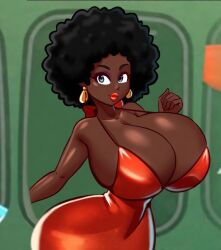 1girls afro alternate_hairstyle big_breasts black_hair blue_eyes dark-skinned_female dark_skin edit edited editor_request female huge_breasts hyper_breasts mario_(series) nintendo panchito1234nos pauline pauline_(mario) race_swap source_request tagme
