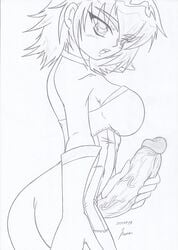 2011 bakugan_battle_brawlers blush breasts dated futa_only futa_sans_balls futanari intersex large_breasts mira_clay monochrome open_mouth short_hair simple_background solo standing white_background