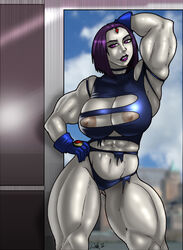 1girls 2011 breasts bulky cartoon_network dc dc_comics dcau extreme_muscles female female_only muscular muscular_female nipples purple_eyes purple_hair purple_lipstick rachel_roth raven_(dc) solo teen_titans titans_tower toonami wilko