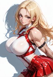 ai_generated bare_shoulders biceps blonde_hair blush breasts brown_eyes chest_harness closed_mouth covered_navel covered_nipples female fishnets gloves harness highleg highleg_leotard large_breasts leotard long_eyelashes long_hair looking_at_viewer miniskirt muscular muscular_female pleated_skirt red_skirt shadow shirt simple_background skirt sleeveless smile solo taut_leotard thick_thighs thighhighs thighs veins veiny_arms white_background white_leotard white_shirt