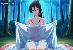 ai_generated anime anime_style artist_name bare_shoulders black_hair blanket breasts brown_eyes brown_hair cleavage closed_mouth collarbone female forest grass hair_between_eyes hair_ribbon hentai hi_res high_ponytail holding jigokuraku large_breasts long_hair looking_at_viewer medium_breasts mystic_maidens nature outdoors patreon patreon_username ponytail red_ribbon ribbon see-through sitting smile solo towel tree yamada_asaemon_sagiri yellow_eyes