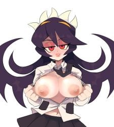 black_hair breasts button_down_shirt buttons emmanomia female female_only filia_(skullgirls) long_hair looking_at_viewer navel nipples open open_clothes open_shirt parowy red_eyes samson_(skullgirls) seductive seductive_look sharp_teeth skirt skullgirls smile tagme tie tight_clothing voluptuous
