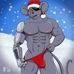 2025 abs alien antennae_(anatomy) anthro biceps biker_mice_from_mars black_nose buckteeth bulge christmas christmas_clothing christmas_decorations christmas_headwear christmas_tree clothing cybernetic_arm cybernetic_limb detailed_bulge digital_drawing_(artwork) digital_media_(artwork) ear_piercing ear_ring eye_patch eyewear fabfelipe fur grey_body grey_fur hi_res male mammal modo_(bmfm) mouse murid murine muscular muscular_anthro muscular_male navel nipples notched_ear outdoor_nudity outdoors pecs piercing pink_nipples pinup pose purple_clothing red_eyes red_thong red_underwear ring_piercing rodent smile snow snowing sofa solo tail teeth thong underwear yellow_sclera
