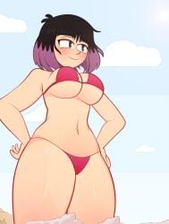 arkeus arkeus_165 bikini black_hair blush bra breasts cleavage clothing cloud day eyewear female female_only giant giantess glasses hands_on_hips hands_on_own_hips high_resolution hilda_(series) kaisa_(hilda) large_breasts multicolored_hair navel pantsu pink_bikini pink_swimsuit portrait purple_hair red_bikini red_swimsuit shiny shiny_skin short_hair sky smile solo standing swimming_costume swimsuit thighs two-tone_hair underwear