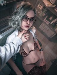 1boy1girl 3d 3d_(artwork) 3d_model 3d_render blonde_female breasts curly_hair glasses grace_ashcroft grace_ashcroft_(julia_pratt) hand_on_chin hxde nipples_visible_through_bra office_background platinum_blonde_hair realistic resident_evil resident_evil_9:_requiem short_hair