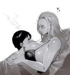 1boy 1girl 2020s 2026 2d 2d_(artwork) age_difference android android_girl artist_name bed big_breasts blush bra breast_smother breasts busty cleavage couple curvy female highres huge_breasts large_breasts light-skinned_female light-skinned_male lingerie long_hair lulu-chan92 male manhwa milo_ahn mommy_kink monochrome nano_list robot_girl san_(nano_list) smile taller_female thicc thick_thighs underwear vanilla voluptuous voluptuous_female webtoon white_background white_hair younger_female