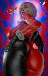 frostbyte female solo skin_tight ass big_ass bubble_butt breasts big_breasts large_breasts outfit_swap dc_comics power_girl harley_quinn_(cosplay) blonde_hair low-angle_view dialogue text 1girls 3d