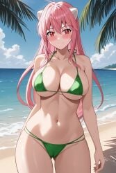 1girl ahoge ai_generated ass_visible_through_thighs bare_arms bare_shoulders beach bikini blue_sky blush breasts cameltoe cleavage closed_mouth cloud collarbone cowboy_shot day elfen_lied female green_bikini groin hair_between_eyes halterneck horizon horns large_breasts long_hair looking_at_viewer lucy_(elfen_lied) navel ocean outdoors palm_leaf palm_tree pink_hair pixiv red_eyes rena_aikawa_(pixiv_user) sand seductive_smile sideboob sidelocks skindentation sky smile solo stable_diffusion standing stomach strap_gap string_bikini swimsuit thighs tree underboob very_long_hair water white_horns