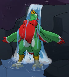 2026 anthro avian bastiel beak big_breasts breasts casual_nudity digital_drawing_(artwork) digital_media_(artwork) dipstick_tail english_description erect_nipples eyes_closed feathers feet female green_body green_feathers green_tail_feathers hi_res markings mayternity mayternity_2026 navel night nipples non-mammal_breasts non-mammal_navel non-mammal_nipples outdoor_nudity outie_navel pregnant pregnant_anthro pregnant_female red_body red_feathers red_nipples red_tail_tip sky solo standing star starry_sky tail tail_markings talons toes waterfall waterfall_shower winged_arms wings yellow_beak