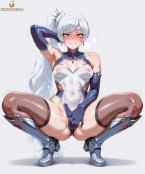 ai_generated arm_up armpits blue_eyes boots cameltoe clothed clothed_female clothing_cutout elbow_gloves erotic erotic_costume fishnets high_heel_boots high_heels large_ass latex latex_clothing legs_apart legs_spread leotard lewd looking_at_viewer nipple_bulge nipple_outline ponytail pose posing posing_for_the_viewer rubbing_pussy rubbing_pussy_through_clothing rwby seductive seductive_look seductive_smile sexy sexy_body sexy_clothing sexy_pose side_ponytail skimpy skimpy_armor skimpy_clothes skimpy_costume skimpy_outfit slutty_female small_breasts smile smiling_at_viewer tagme taimanin_(series) teasing teasing_viewer thick_thighs thigh_highs thighhighs twistedpeach weiss_schnee white_hair