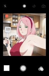 1girls agung911 alternate_version_available apron apron_only bindi blush boruto:_naruto_next_generations breasts breasts_out cellphone cellphone_camera cellphone_picture collarbone covered_nipples curvy curvy_body curvy_figure eyebrows female female_focus female_only forehead_mark green_eyes hair hairband head_tilt holding_object indoors kitchen light-skinned_female light_skin lips looking_at_viewer naked_apron naruto naruto:_the_last naruto_(series) naruto_shippuden no_bra no_panties no_underwear pink_hair pov sakura_haruno selfie side_view sideboob solo solo_female spatula thighs upper_body watermark