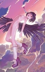 black_wings breasts female footwear geister hat mary_janes nipples nude pussy red_eyes shameimaru_aya shoes short_hair sky socks tokin_hat touhou wings