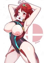 1girls areolae armpits big_breasts breasts circlet envelope exposed_breasts female female_only hair invitation large_breasts letter looking_at_viewer nipples one_eye_closed pyra red_eyes red_hair short_hair smash_invitation solo solo_female super_smash_bros. super_smash_bros._ultimate thick_thighs tinnies wide_hips xenoblade_(series) xenoblade_chronicles_2