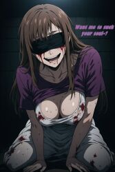 ai_generated anime blind blindfold blood blood_on_face blood_stain brown_hair crying dress female female_only grin hi_res horror large_breasts looking_at_viewer pale_skin possessed psycho purple_shirt tears wet wet_dress white_dress